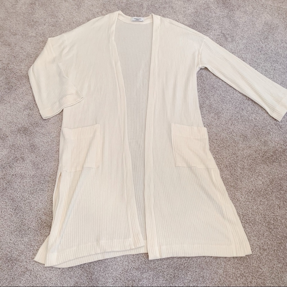 Carly Jean Los Angeles Cream Ribbed Long Cardigan Medium